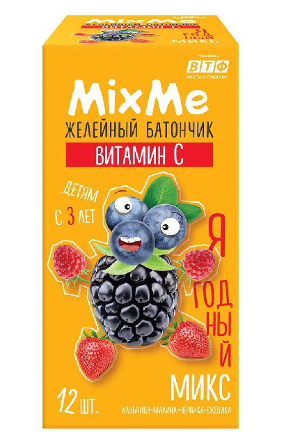 MixMe Витамин С Ягодный микс батончик желейный, 50 мг, батончик желейный, клубника малина черника ежевика, 13 г, 12 шт.